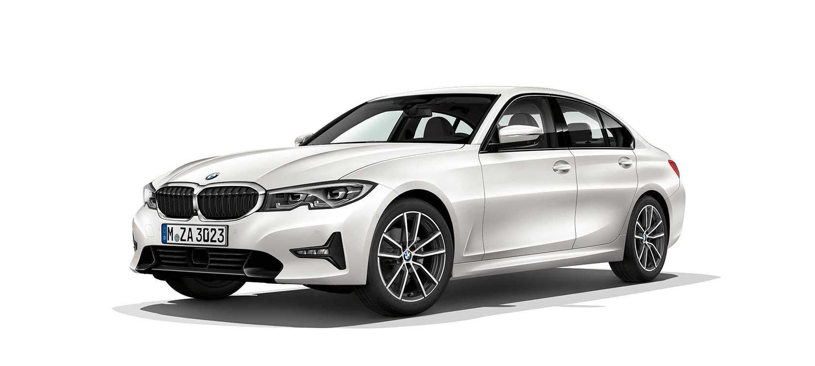 BMW 5. sērijas Sedan Balta BMW 5. sērijas Sedan trīs ceturtdaļu skats no priekšpuses.