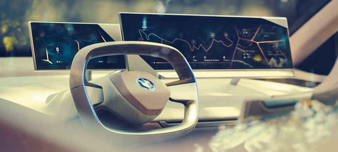 BMW Vision iNEXT salons BMW Vision iNEXT salons ar stūri un instrumentu paneli