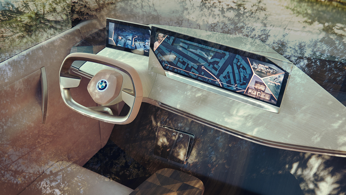 BMW Vision iNEXT vadītāja vieta BMW Vision iNEXT vadītāja vieta ar stūri un instrumentu paneli