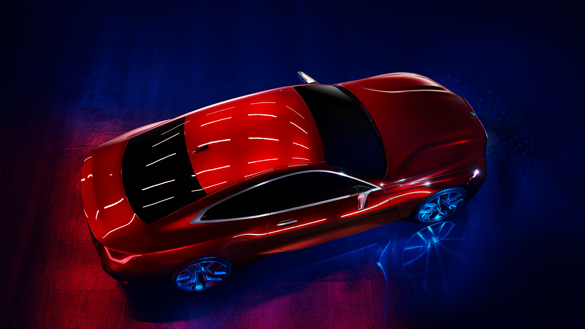 Aizraujoša virsbūve, Forbidden Red krāsa, BMW Concept 4. Aizraujoša virsbūve, Forbidden Red krāsa, BMW Concept 4., virsbūves dizains, skats no putna lidojuma