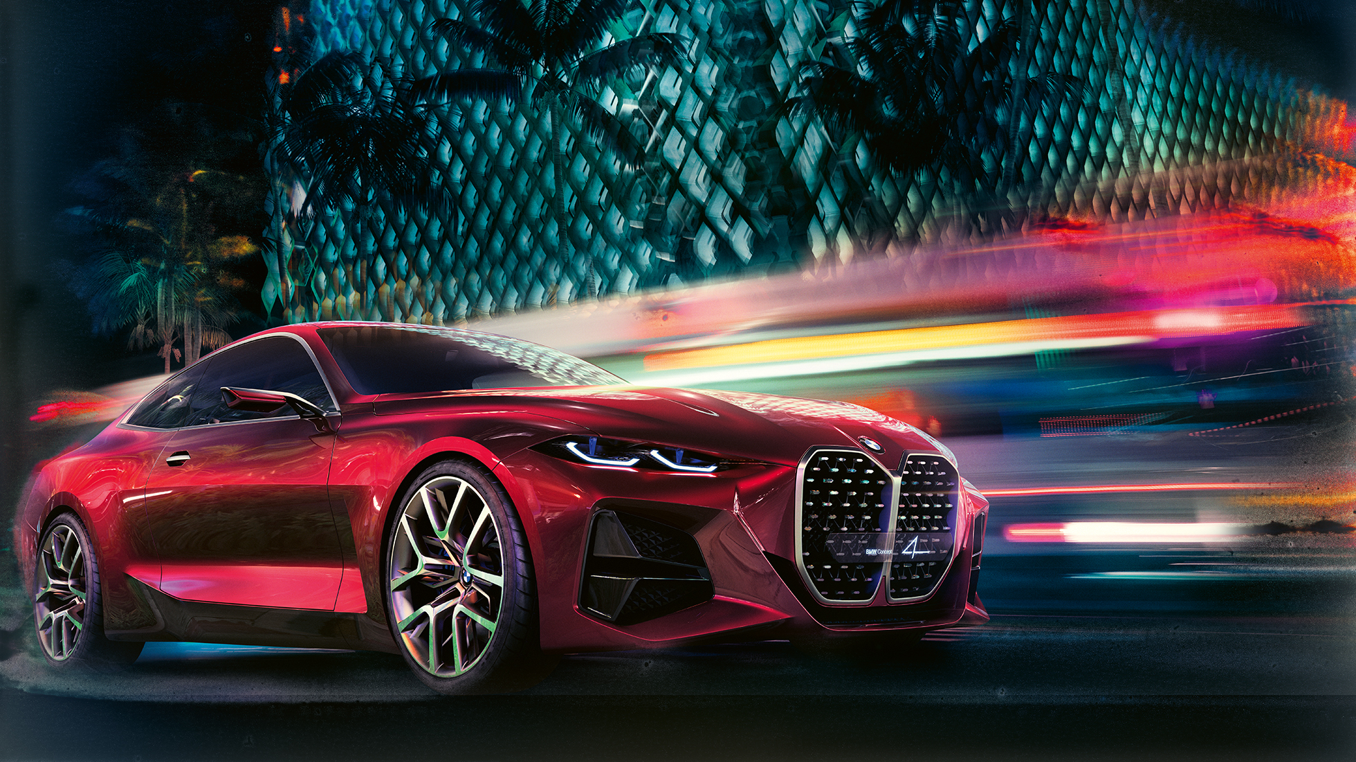 BMW Concept 4., trīs ceturtdaļu priekšpuses skats BMW Concept 4., Forbidden Red krāsa, virsbūves dizains, trīs ceturtdaļu priekšpuses skats
