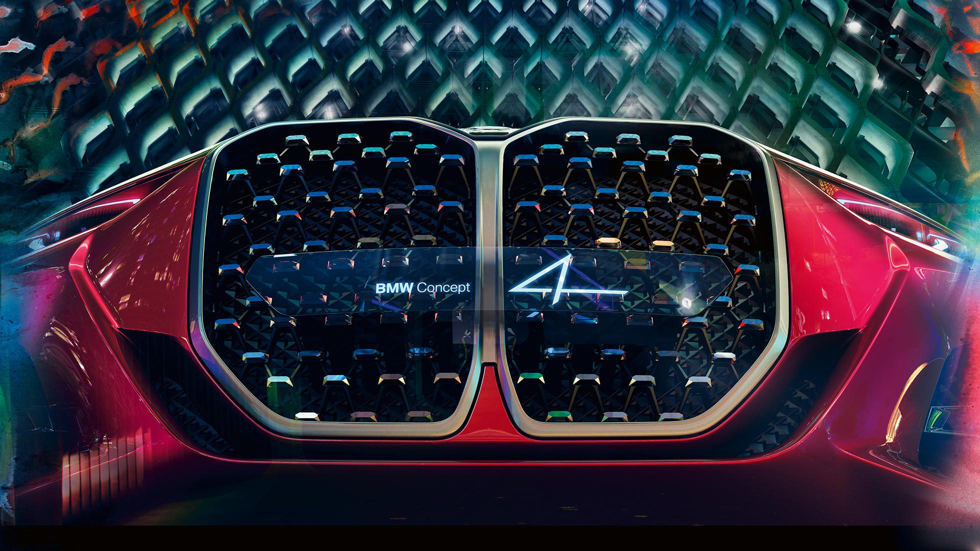 BMW dubultais elipsveida režģis, BMW Concept 4. BMW dubultais elipsveida režģis, BMW Concept 4., Forbidden Red krāsa, virsbūves dizains