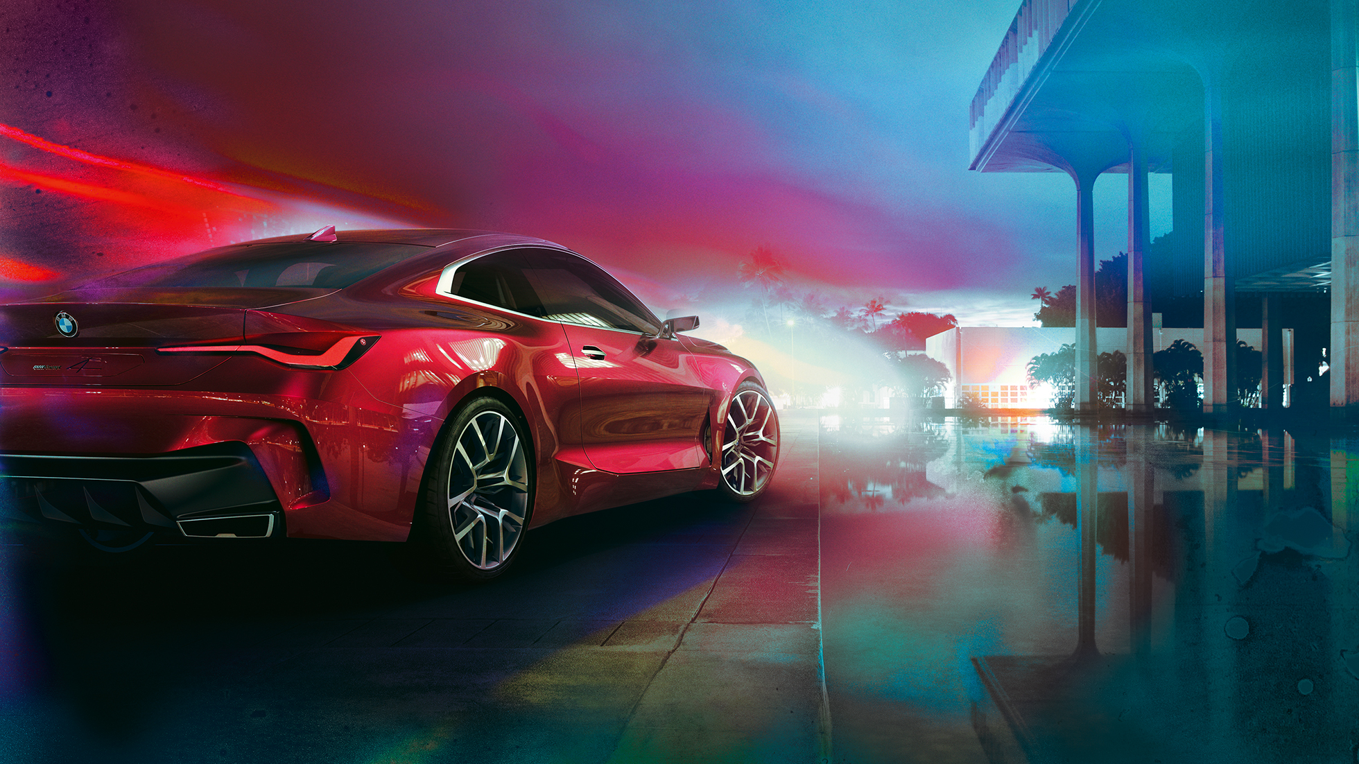 BMW Concept 4., trīs ceturtdaļu aizmugures skats BMW Concept 4., Forbidden Red krāsa, virsbūves dizains, trīs ceturtdaļu aizmugures skats