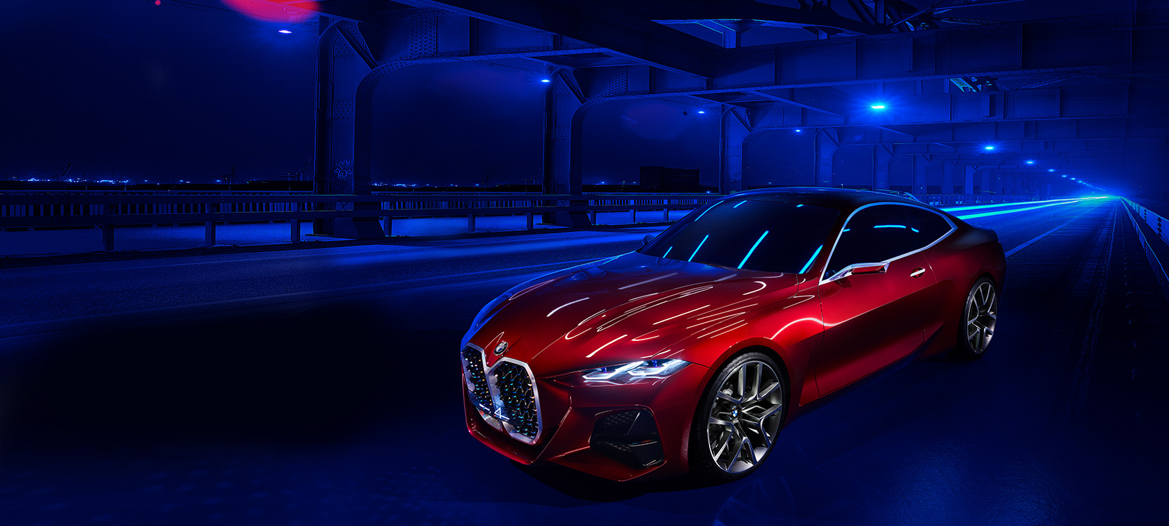 BMW Concept 4, trīs ceturtdaļu priekšpuses skats BMW Concept 4., Forbidden Red krāsa, virsbūves dizains, braucošs automobilis, trīs ceturtdaļu priekšpuses skats