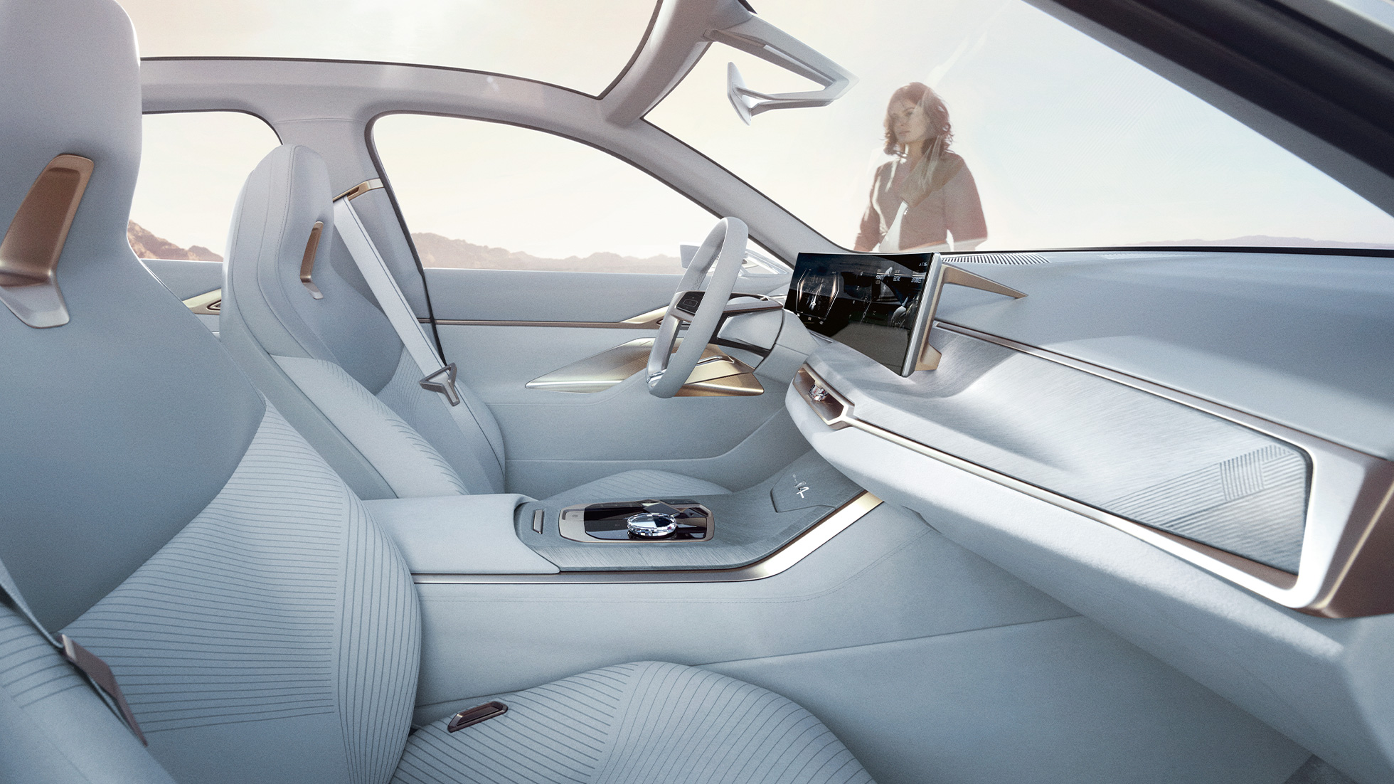 Salons, BMW Concept i4 2020 G26 Salons, BMW Concept i4 2020 G26, elektroautomobilis, pilnībā elektrisks BMW Gran Coupé