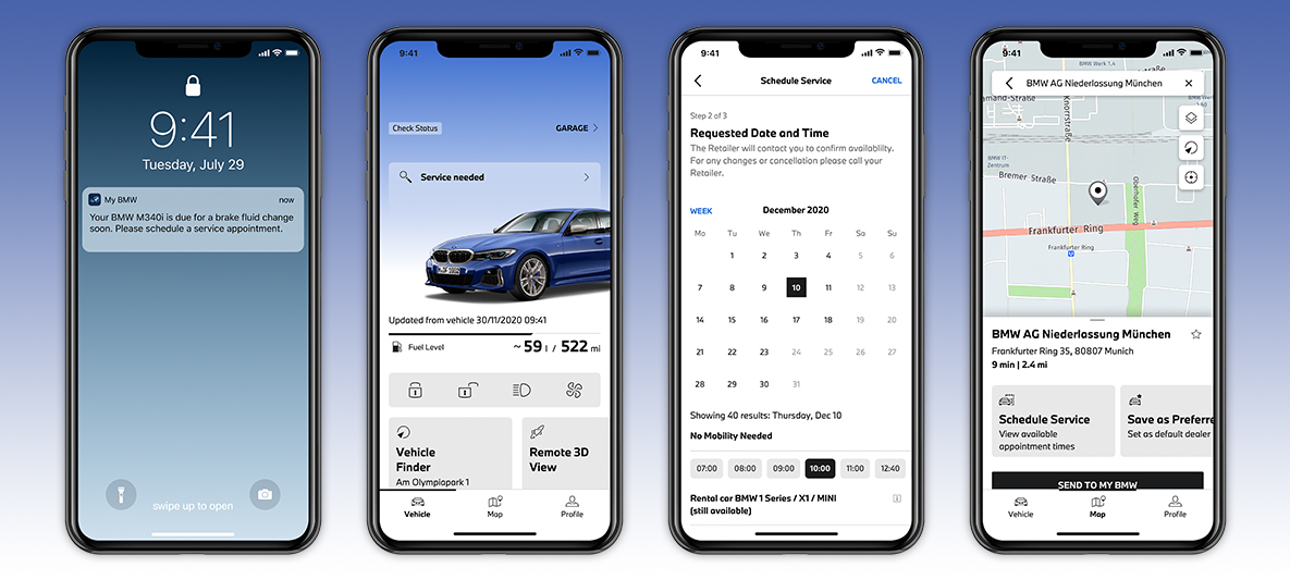 My BMW lietojumprogramma, servisa pieredzes pārvaldīšana, viedtālruņa ekrāns My BMW lietojumprogramma, servisa pieredzes pārvaldīšana, viedtālruņa ekrāns