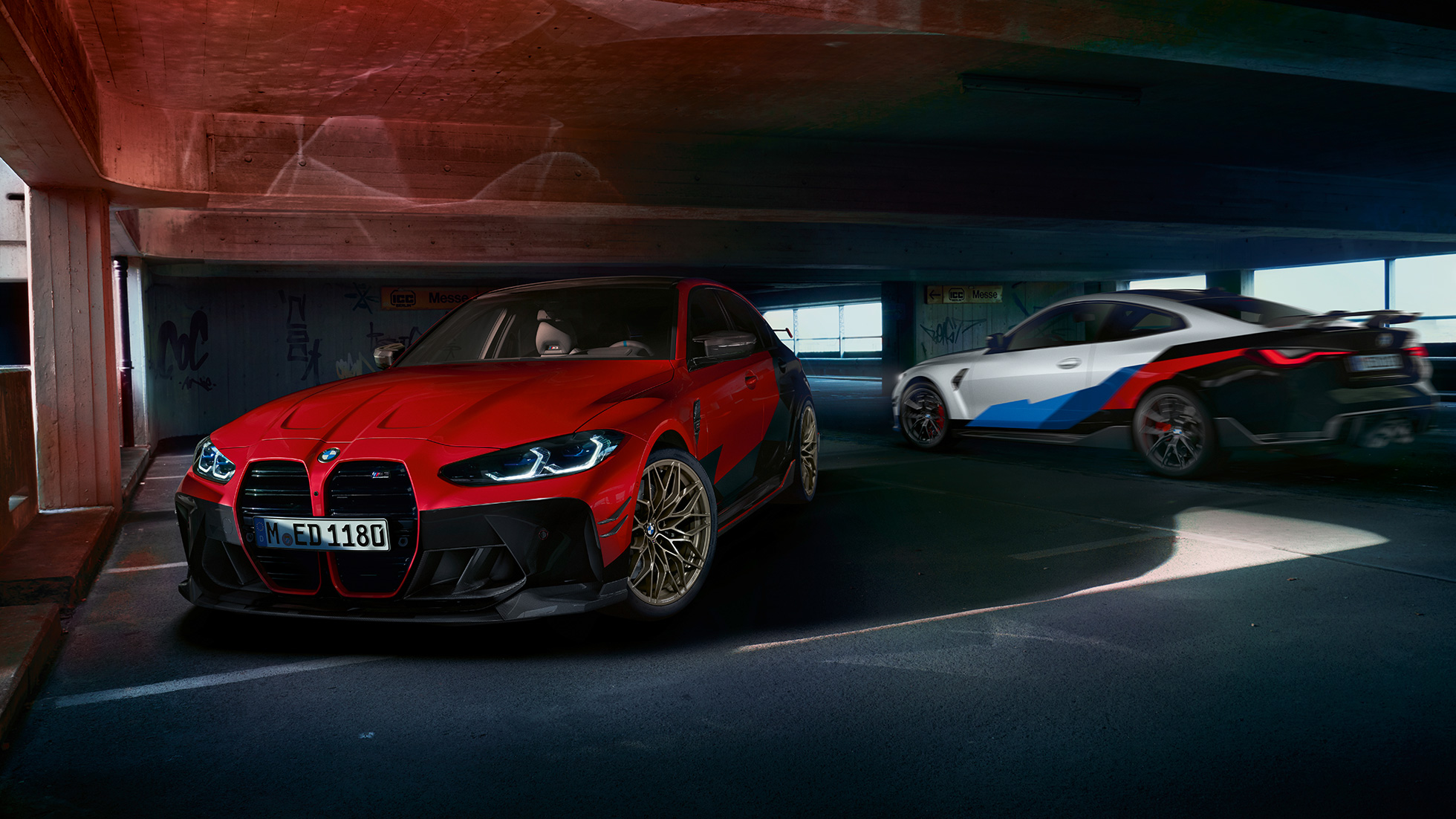 BMW M3, M4, G80, G82, skats uz diviem automobiļiem BMW M Performance Parts, BMW M3, M4, G80, G82, skats uz diviem automobiļiem