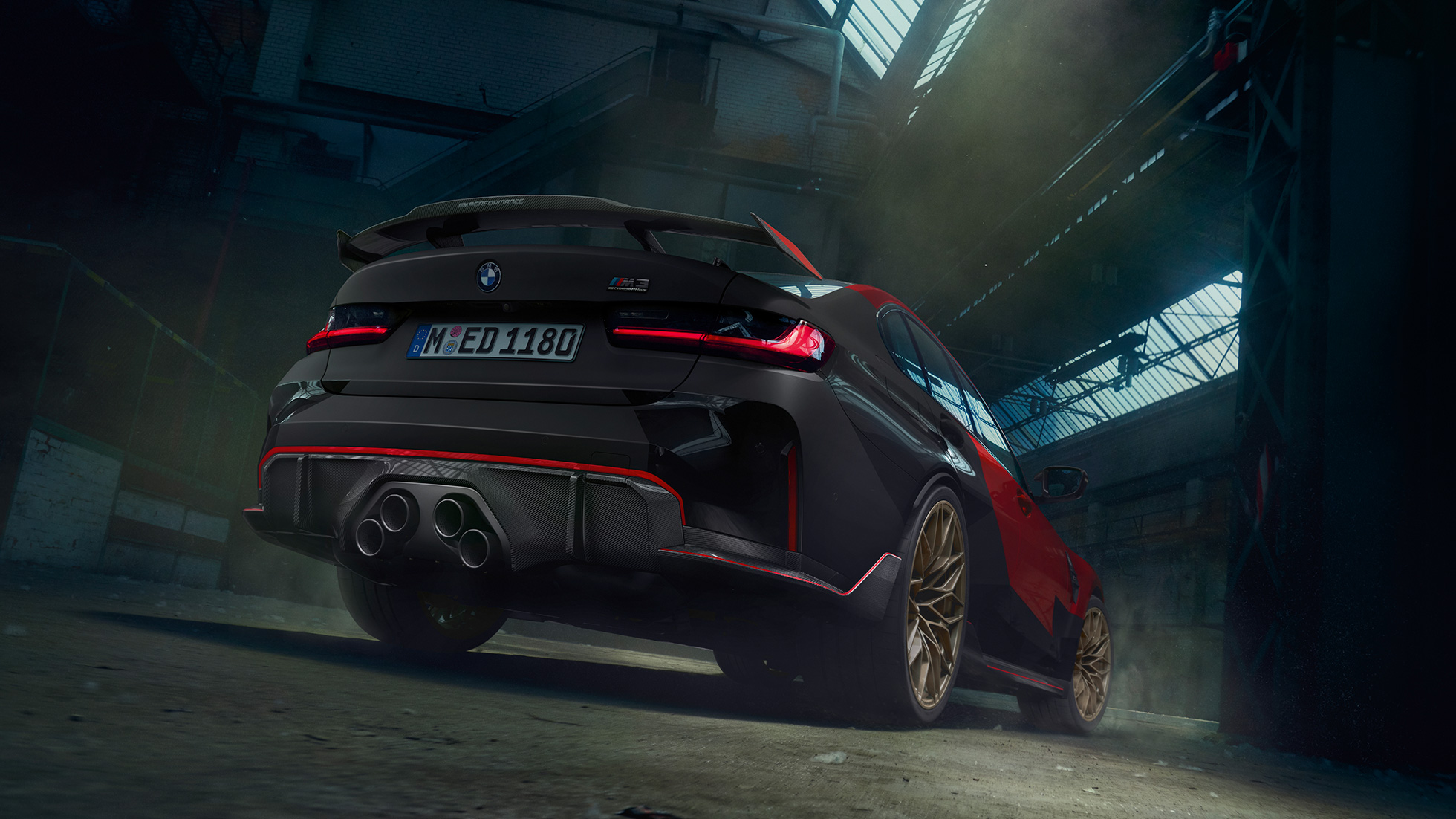 BMW M3, G80, trīs ceturtdaļu aizmugures skats BMW M Performance Parts, BMW M3, G80, trīs ceturtdaļu aizmugures skats